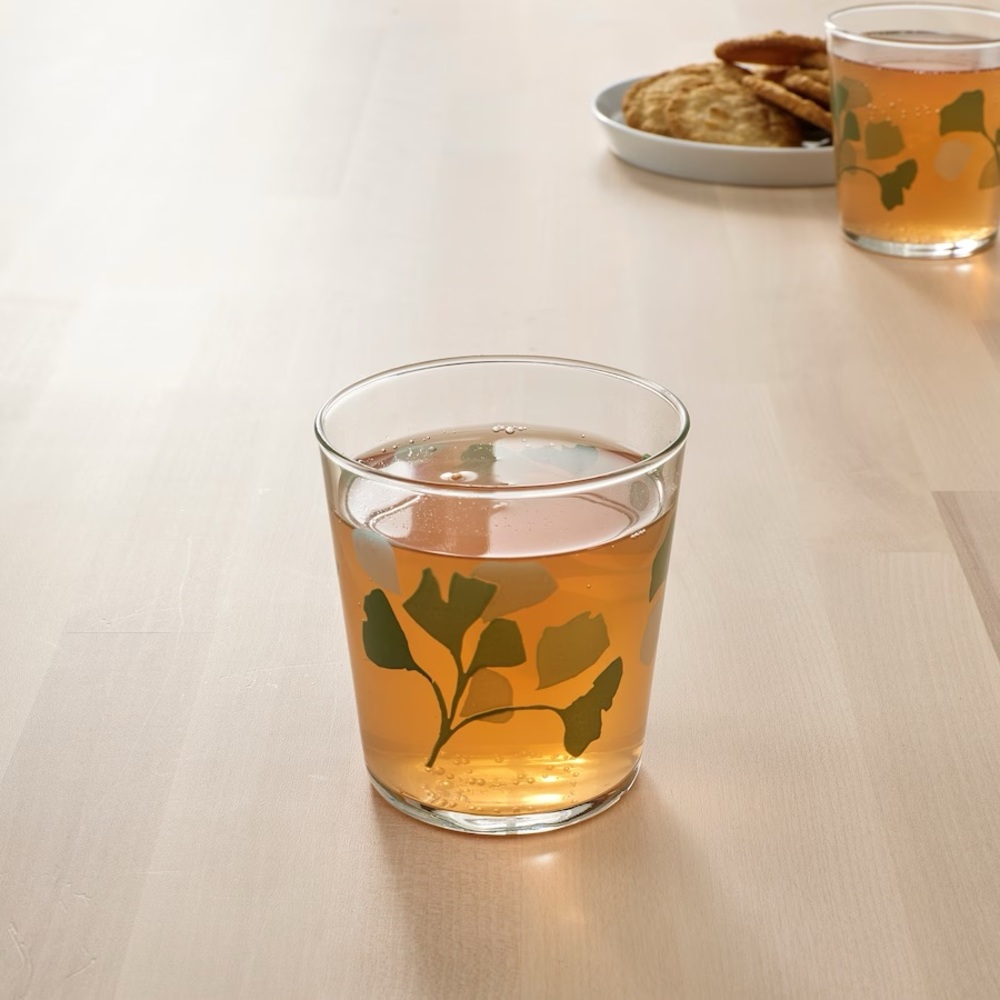 IKEA Glass, clear glass leaf patterned/green 10 oz NEW (4-PACK) - Picture 2 of 5